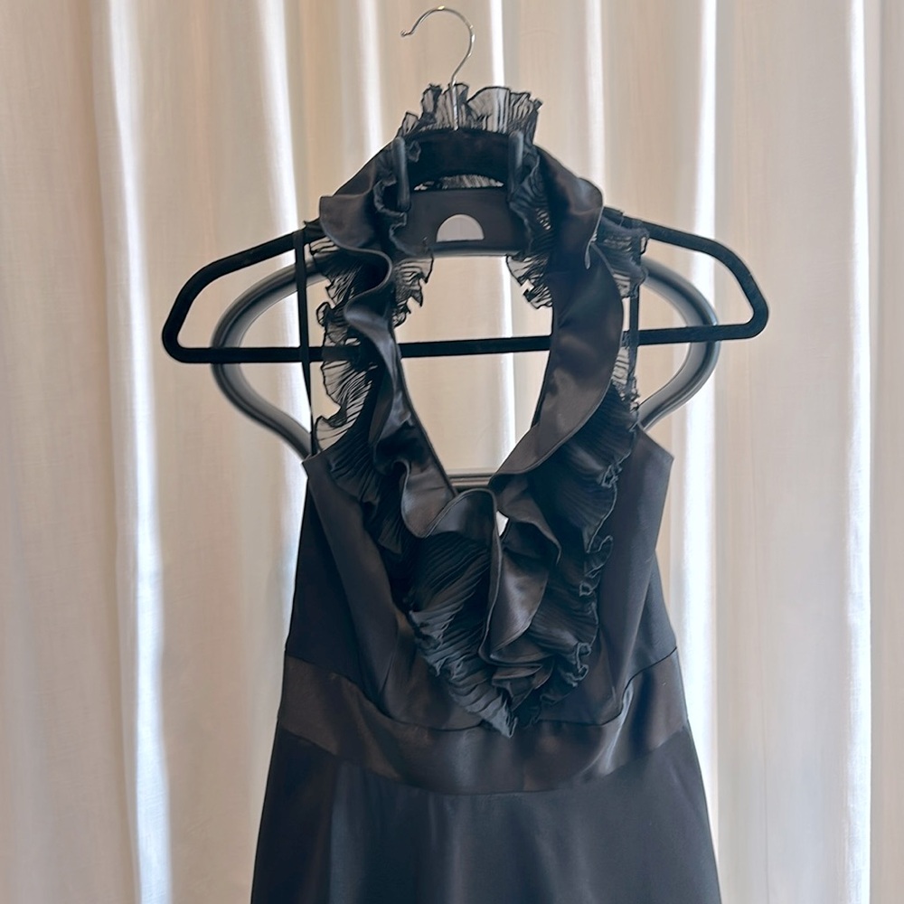 Black Halter White House Black Market satin dress with ruffle edge.